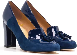 LEHOOR Women Chunky Block High Heel Fringed Pumps Round Toe, Slip On Dress Loafers with Tassel Suede Patent Leather Patchwork for Ladies Girls Office 4-15 M US