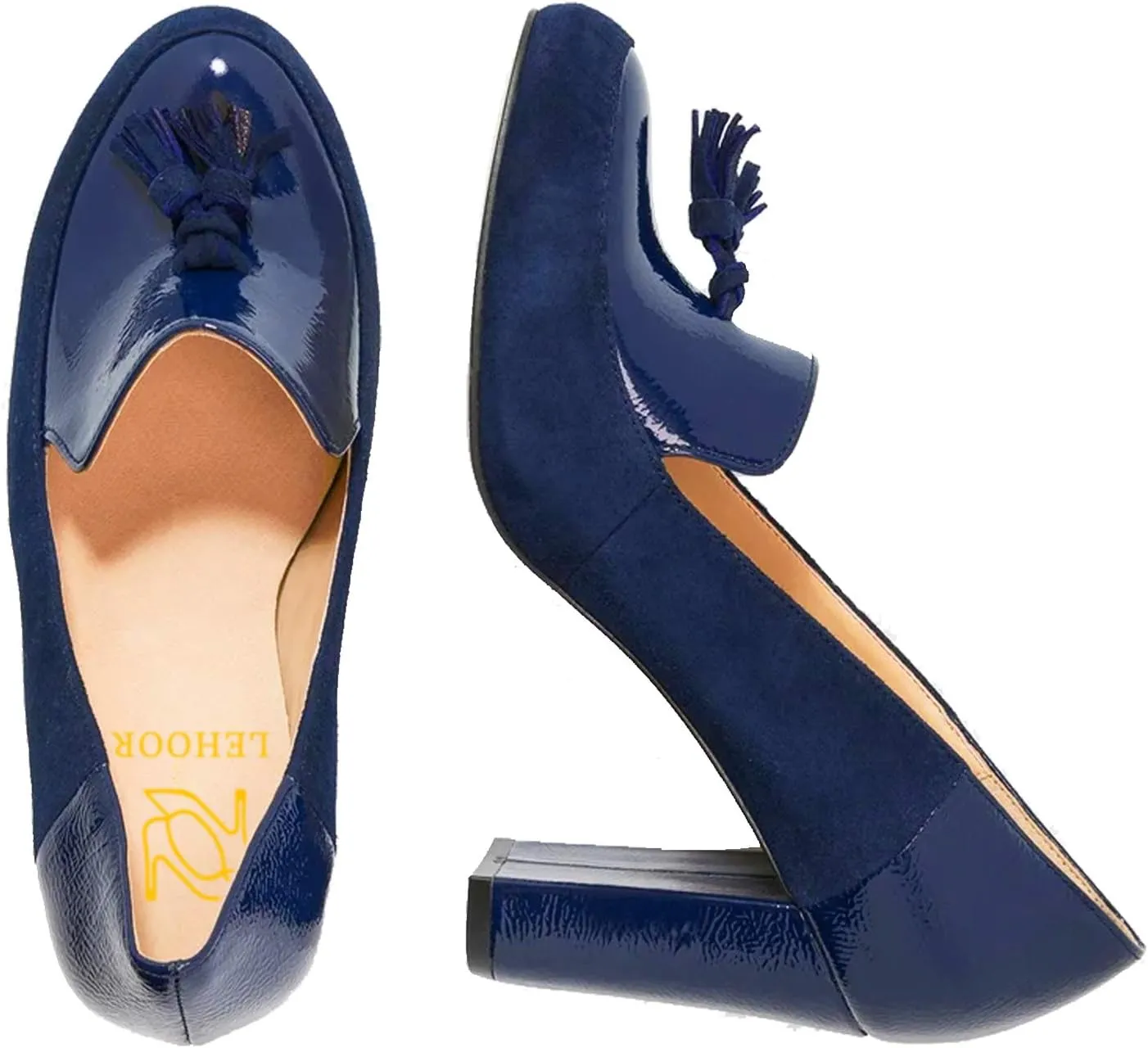LEHOOR Women Chunky Block High Heel Fringed Pumps Round Toe, Slip On Dress Loafers with Tassel Suede Patent Leather Patchwork for Ladies Girls Office 4-15 M US