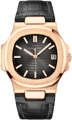 LGXIGE Luxury Elegant Watch for Men Black Leather Strap Analog (Black) Patek Style