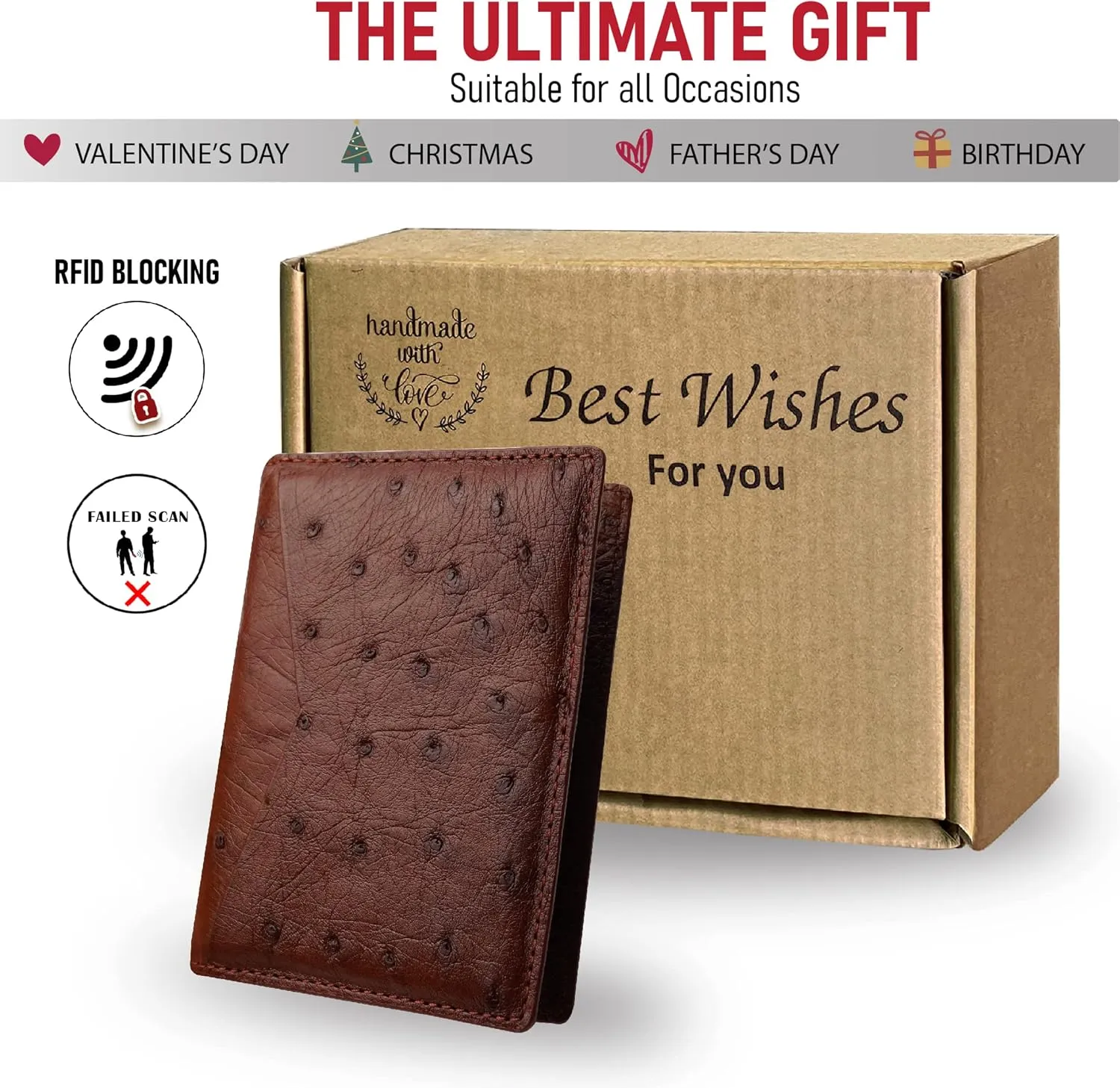 Light Brown Ostrich Leather Card Holder Wallet Executive Business Wallet Minimalist Credit Card Premium RFID Blocking Front Pocket Slim Father's Day Gift for Him Handmade CARDOS-06
