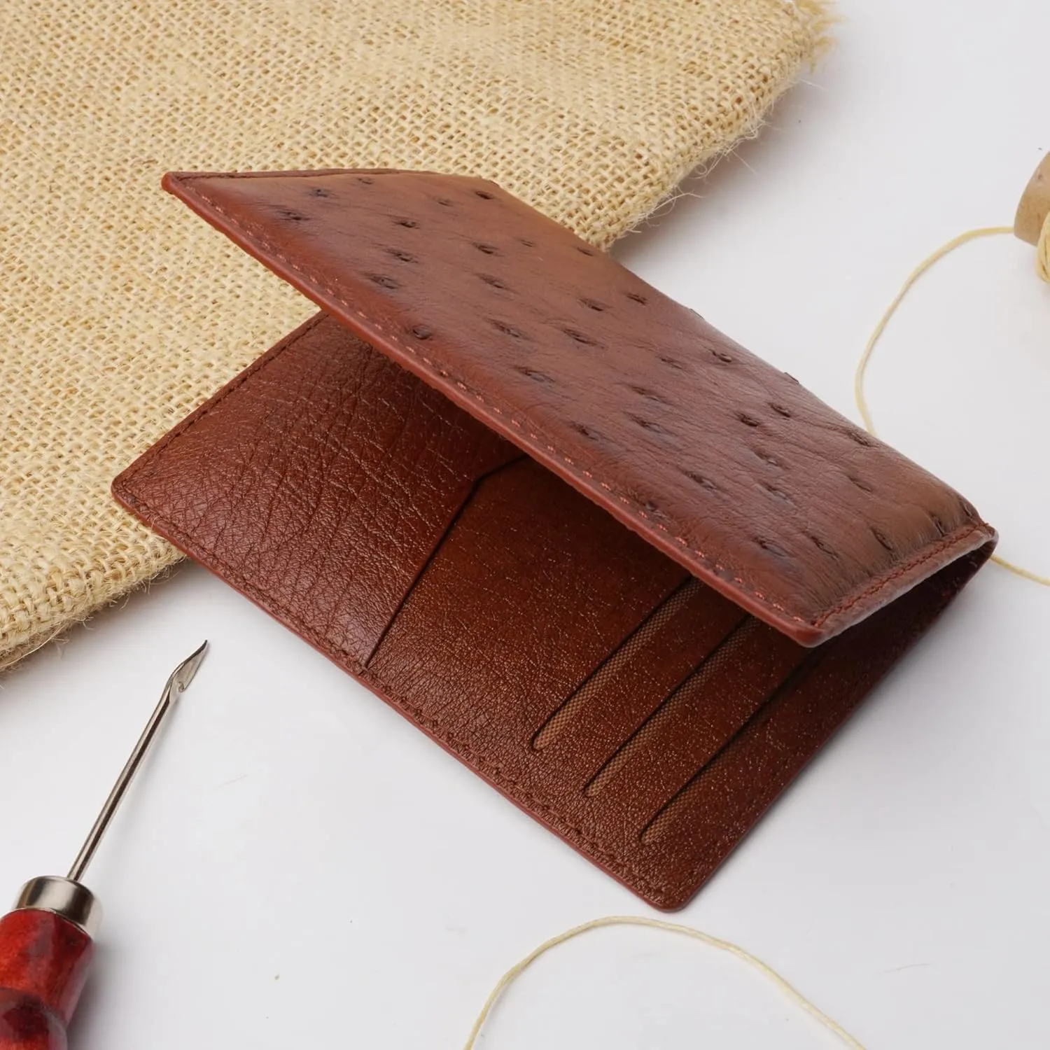 Light Brown Ostrich Leather Card Holder Wallet Executive Business Wallet Minimalist Credit Card Premium RFID Blocking Front Pocket Slim Father's Day Gift for Him Handmade CARDOS-06