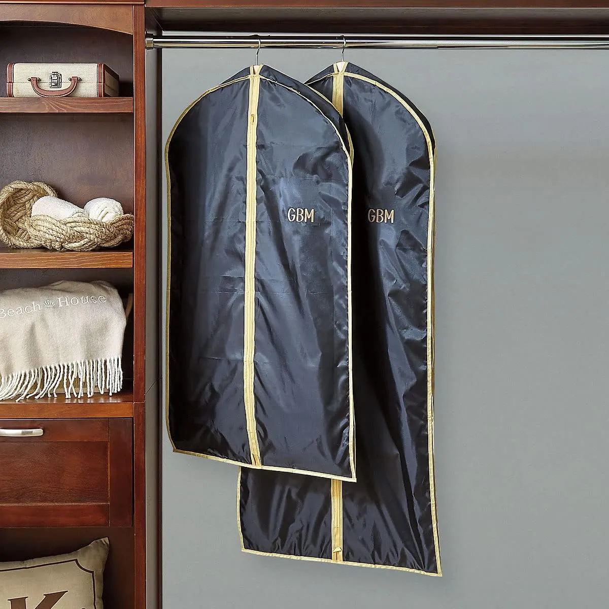 Lillian Vernon Monogram Garment Bag for Men & Women – Personalized 40” Clothing Protector for Suits, Dresses, Gowns, Costumes, & Uniforms, Heavy Duty Black Poly Bags for Travel & Storage