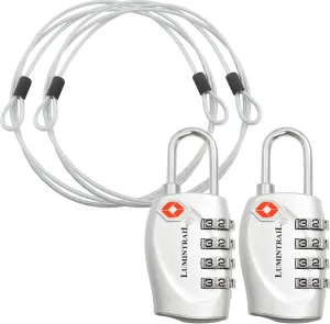Lumintrail TSA Approved Locks, 4 Digit Combination Luggage Locks TSA Approved, Travel Locks for Luggage & Suitcase with 4-FT Steel Cable, Silver, 2 Pack