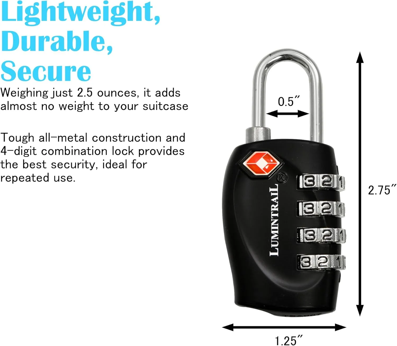 Lumintrail TSA Approved Locks, 4 Digit Combination Luggage Locks TSA Approved, Travel Locks for Luggage & Suitcase with 4-FT Steel Cable, Silver, 2 Pack