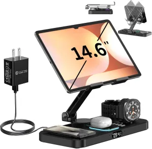 Magnetic 6 in 1 Wireless Charging Station for Samsung Clock,Foldable Stand Charger Dock for Galaxy S25/S24/S23/Note 20/Fold6/Flip6/Galaxy Watch 7/6/5/4/3/Galaxy Buds/Android/iPad/Tablet Holder (Black)
