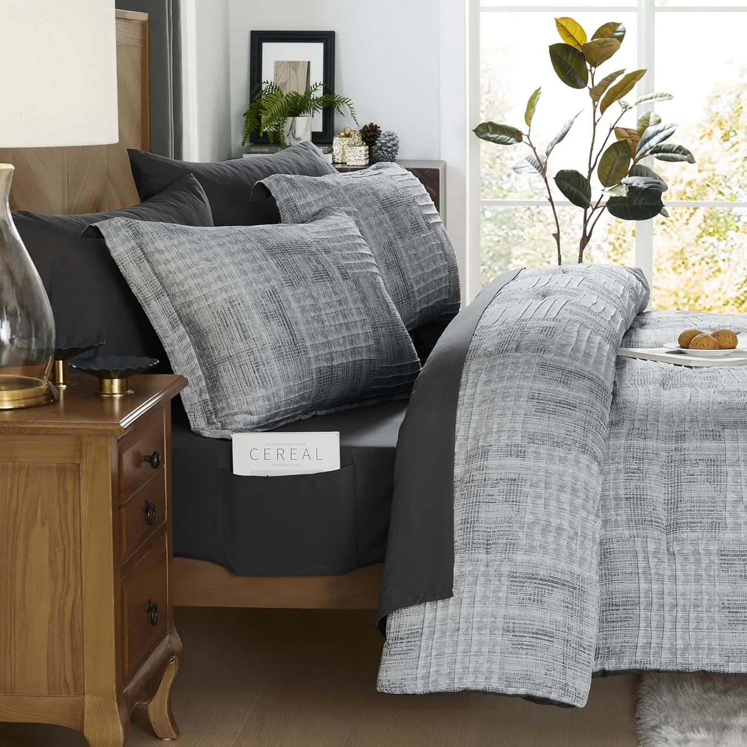 MaiRêve Charcoal Grey King Comforter Set, Textured Design Grey Crinkle Bed in A Bag King Size, 7 Pieces Bedding Set for Men Women with Comforter, Sheets, Pillowcases & Shams 102"x 90"