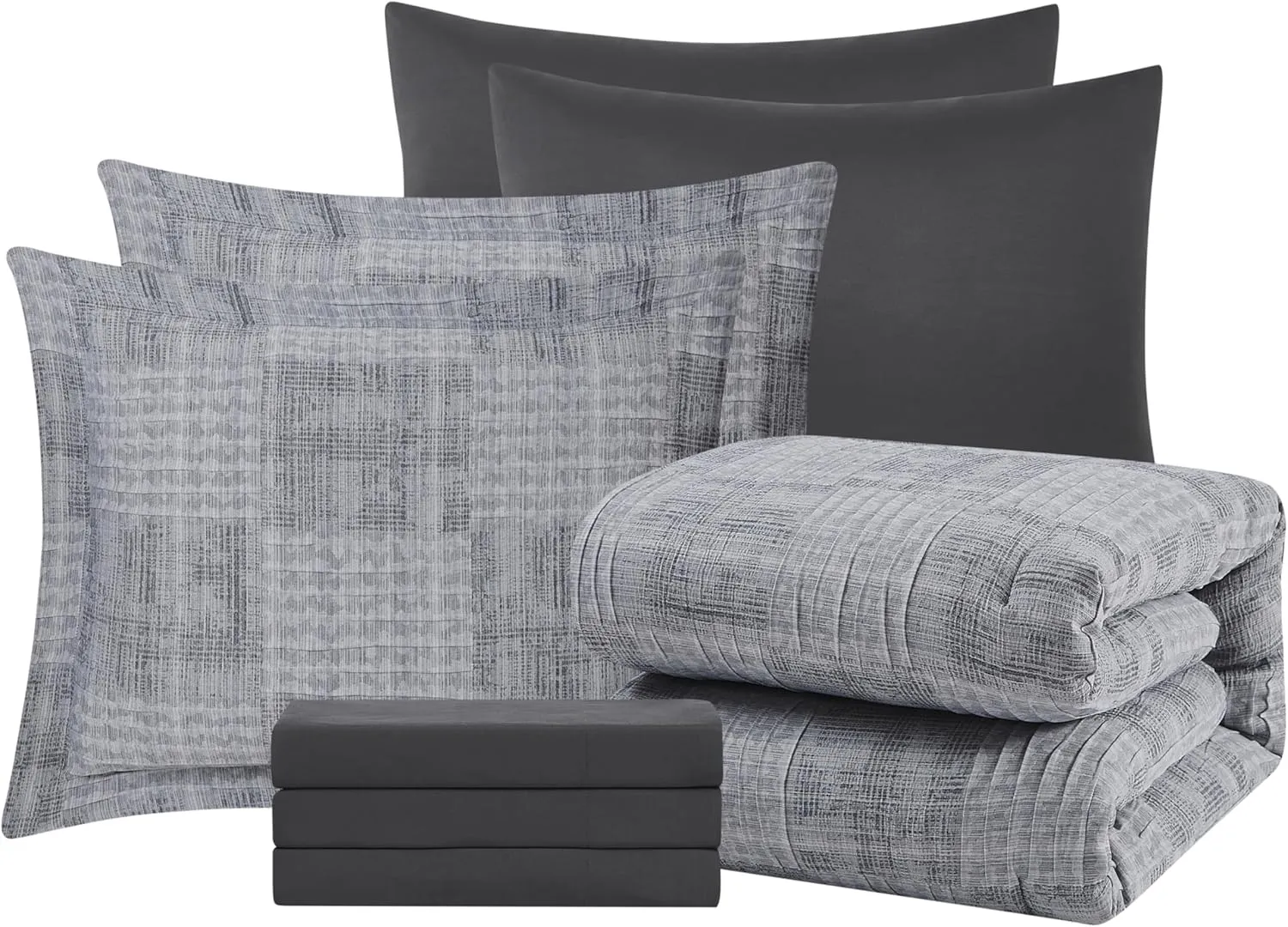 MaiRêve Charcoal Grey King Comforter Set, Textured Design Grey Crinkle Bed in A Bag King Size, 7 Pieces Bedding Set for Men Women with Comforter, Sheets, Pillowcases & Shams 102"x 90"