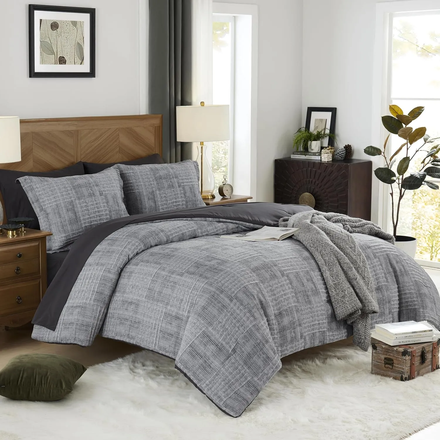 MaiRêve Charcoal Grey King Comforter Set, Textured Design Grey Crinkle Bed in A Bag King Size, 7 Pieces Bedding Set for Men Women with Comforter, Sheets, Pillowcases & Shams 102"x 90"