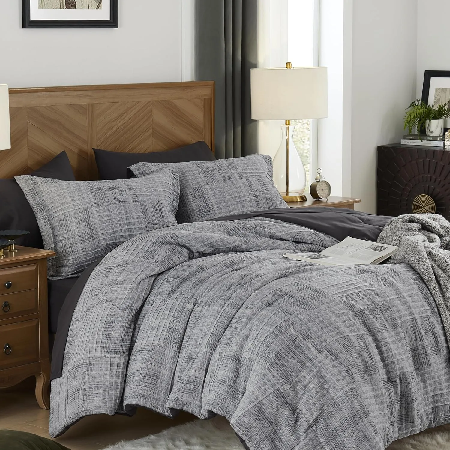 MaiRêve Charcoal Grey King Comforter Set, Textured Design Grey Crinkle Bed in A Bag King Size, 7 Pieces Bedding Set for Men Women with Comforter, Sheets, Pillowcases & Shams 102"x 90"