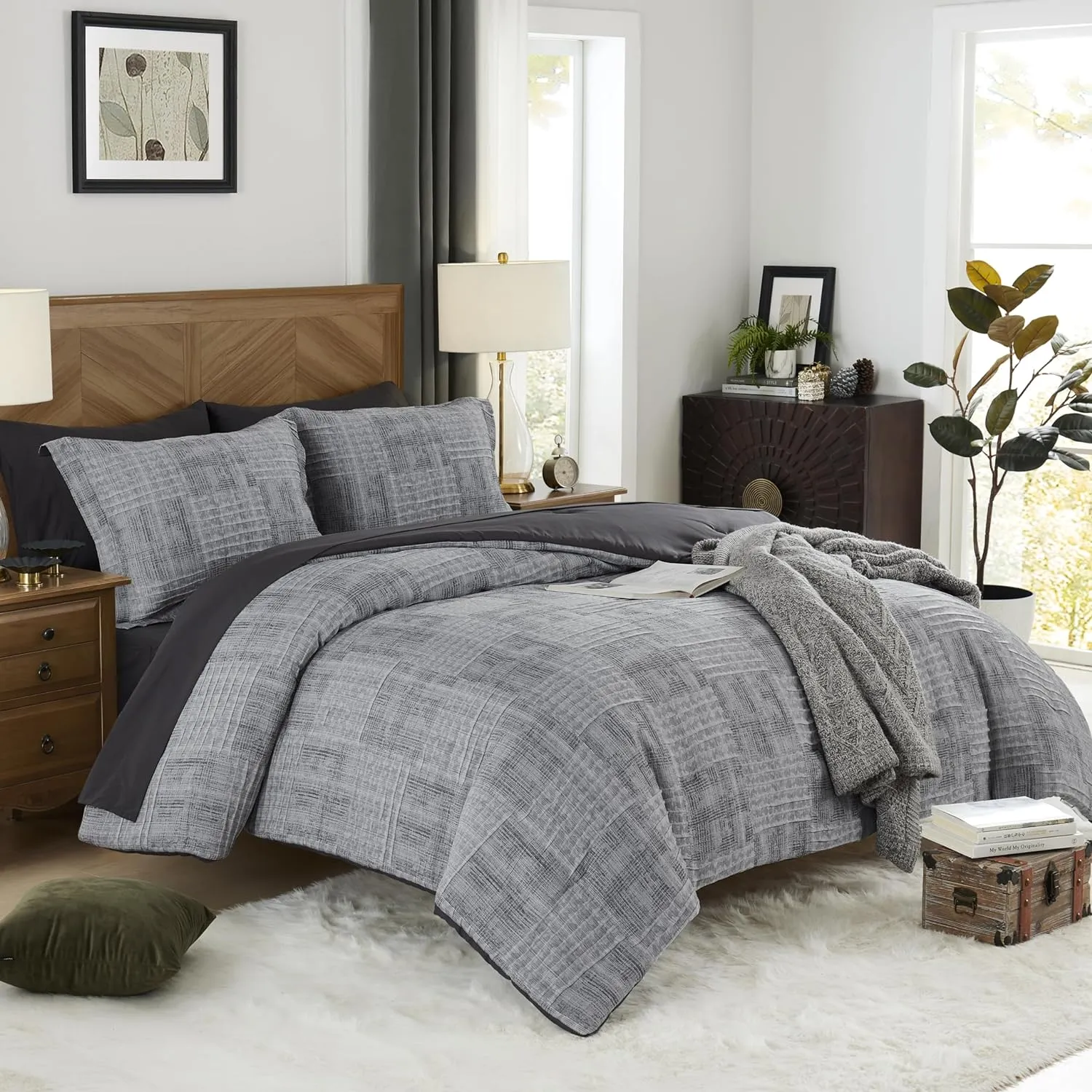 MaiRêve Charcoal Grey King Comforter Set, Textured Design Grey Crinkle Bed in A Bag King Size, 7 Pieces Bedding Set for Men Women with Comforter, Sheets, Pillowcases & Shams 102"x 90"
