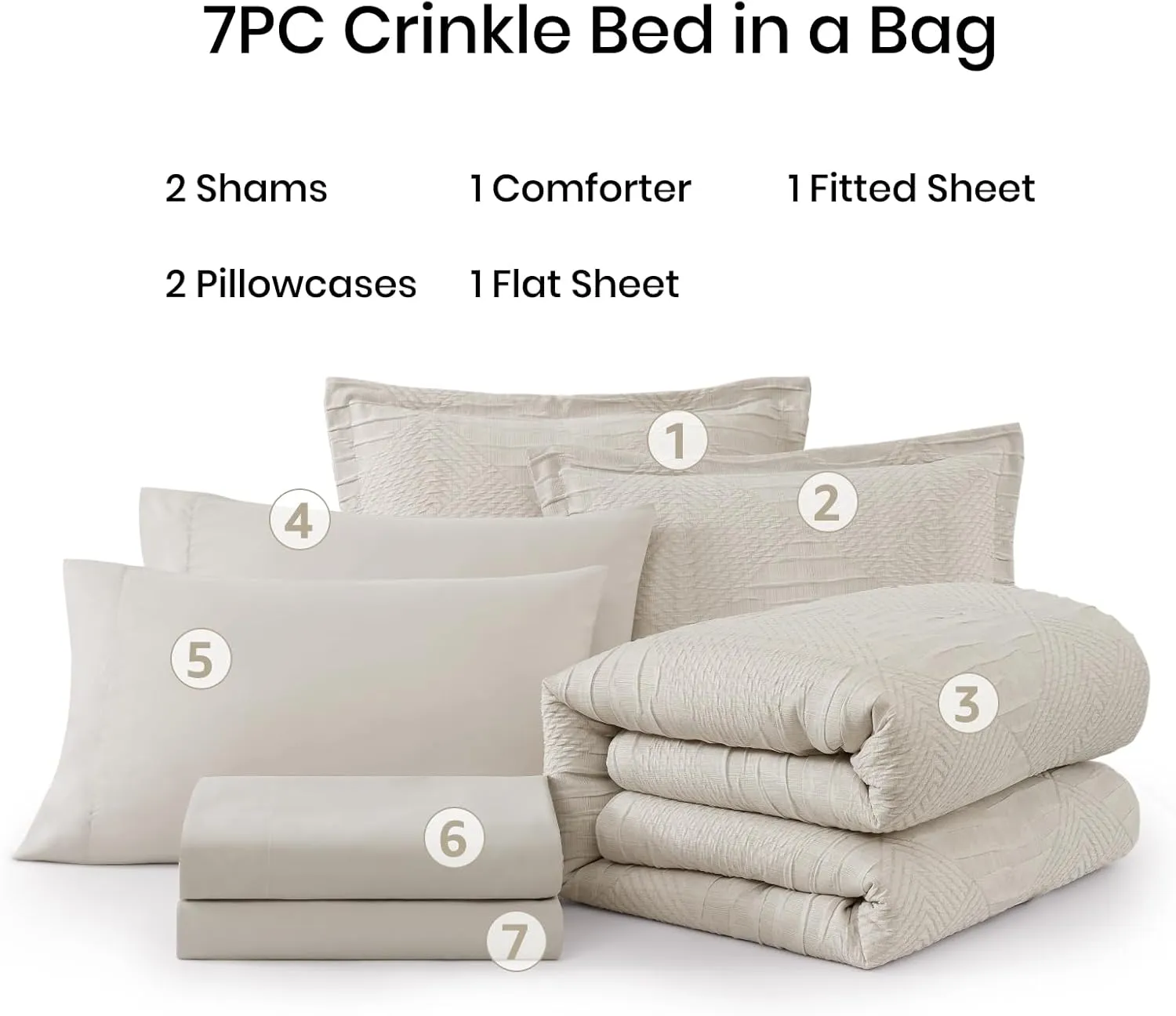 MaiRêve Full Size Comforter Set Beige, Crinkle Textured Design Boho Bedding Set 7 Pieces Bed in A Bag, All Season Geometric Comforter Set with Sheets, Pillowcases & Shams