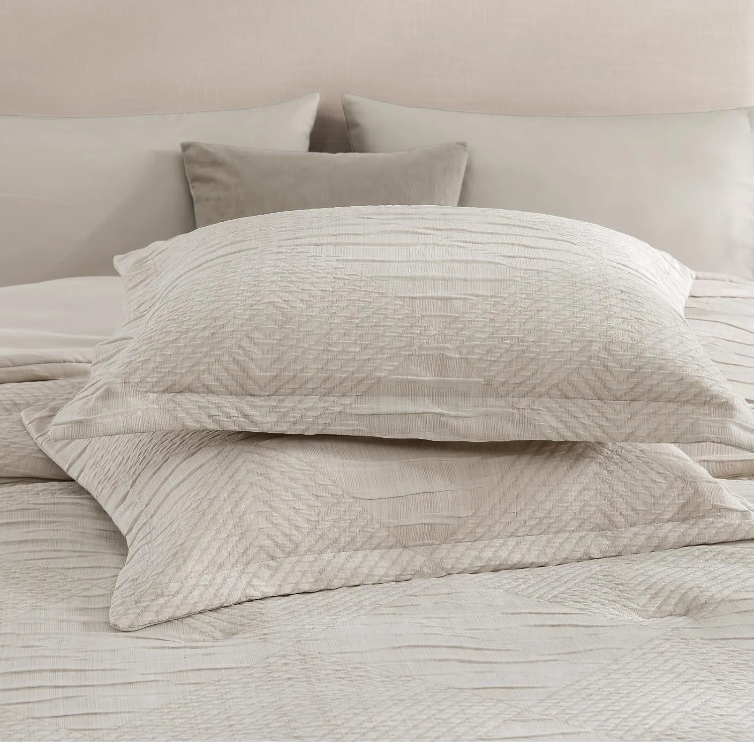 MaiRêve Full Size Comforter Set Beige, Crinkle Textured Design Boho Bedding Set 7 Pieces Bed in A Bag, All Season Geometric Comforter Set with Sheets, Pillowcases & Shams