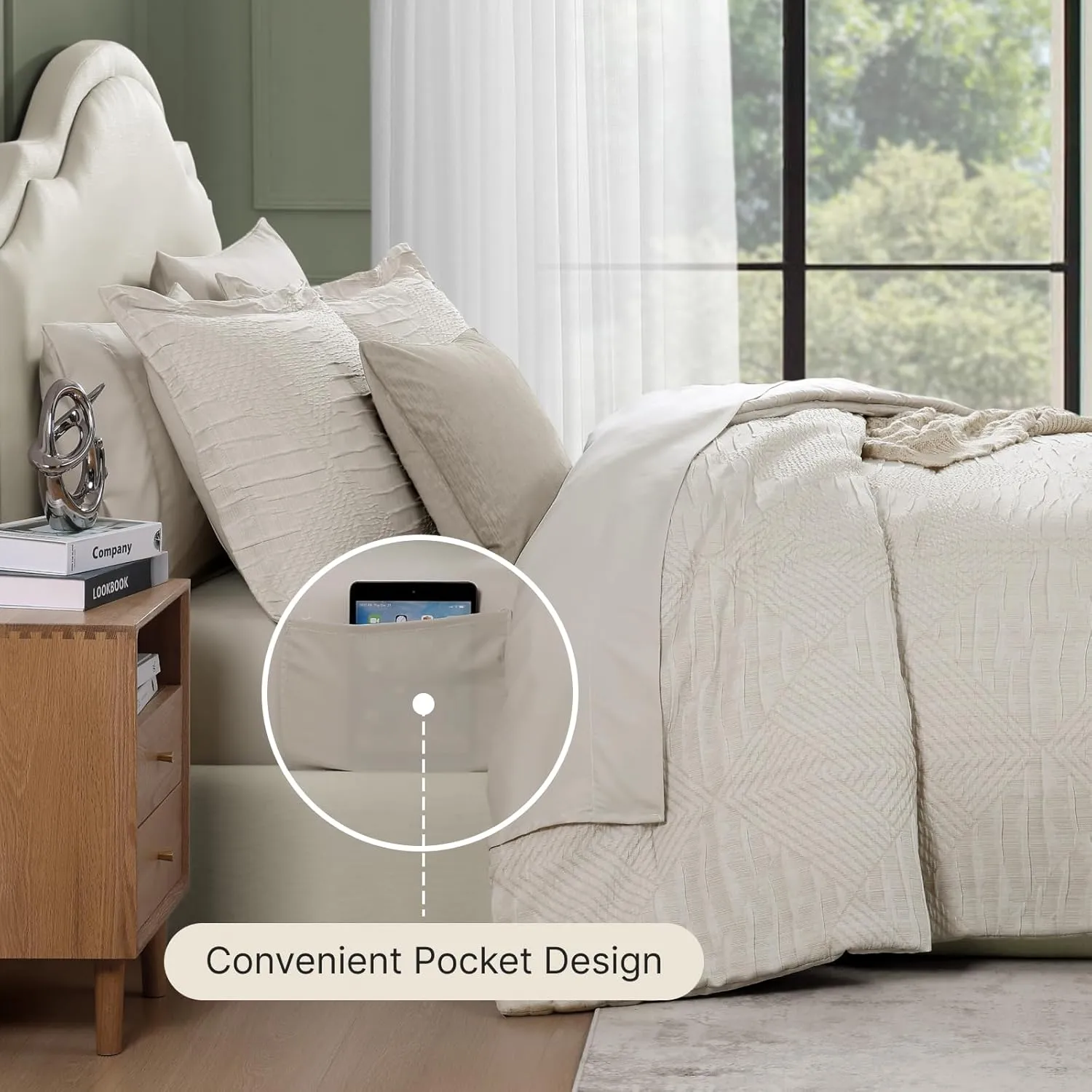 MaiRêve Full Size Comforter Set Beige, Crinkle Textured Design Boho Bedding Set 7 Pieces Bed in A Bag, All Season Geometric Comforter Set with Sheets, Pillowcases & Shams