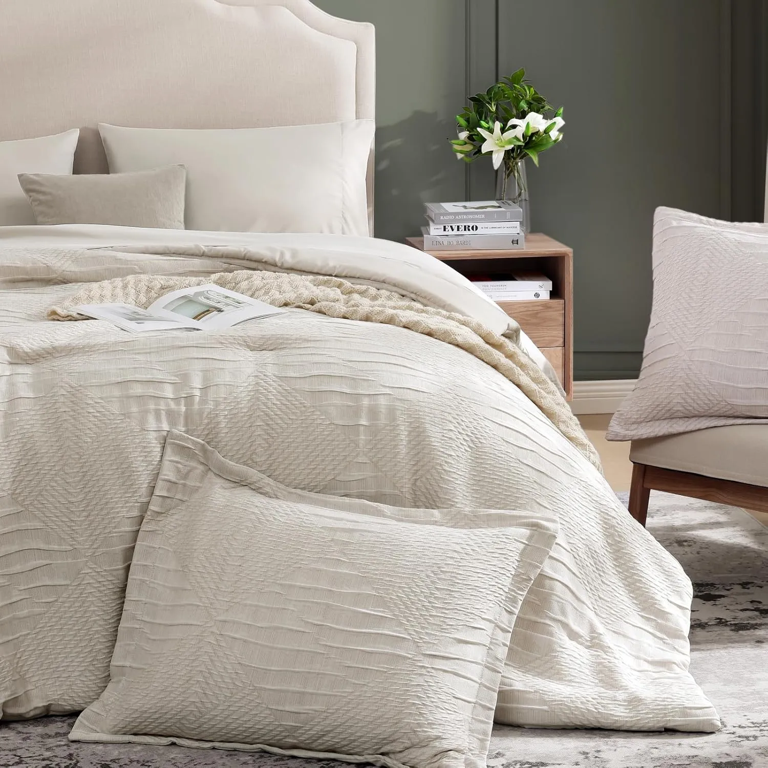 MaiRêve Full Size Comforter Set Beige, Crinkle Textured Design Boho Bedding Set 7 Pieces Bed in A Bag, All Season Geometric Comforter Set with Sheets, Pillowcases & Shams