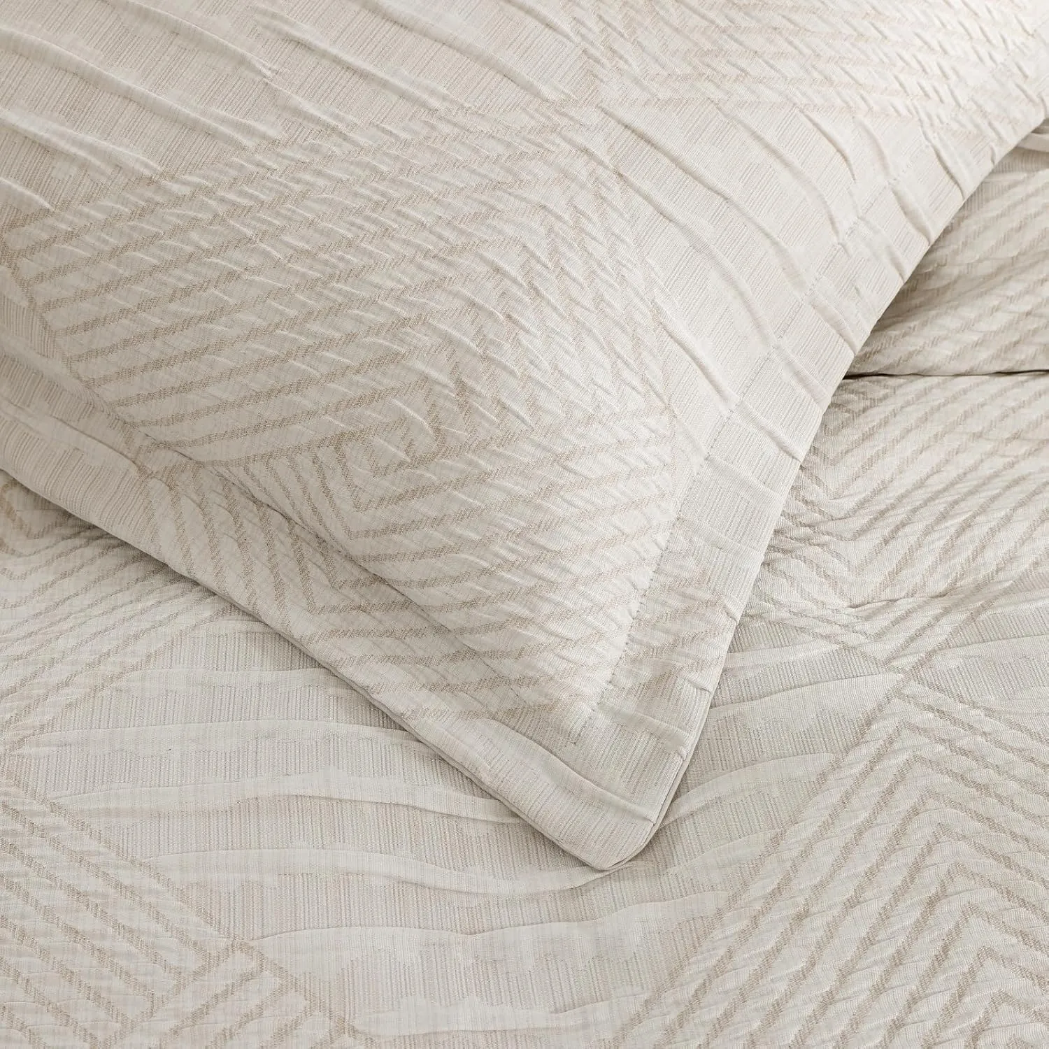 MaiRêve Full Size Comforter Set Beige, Crinkle Textured Design Boho Bedding Set 7 Pieces Bed in A Bag, All Season Geometric Comforter Set with Sheets, Pillowcases & Shams