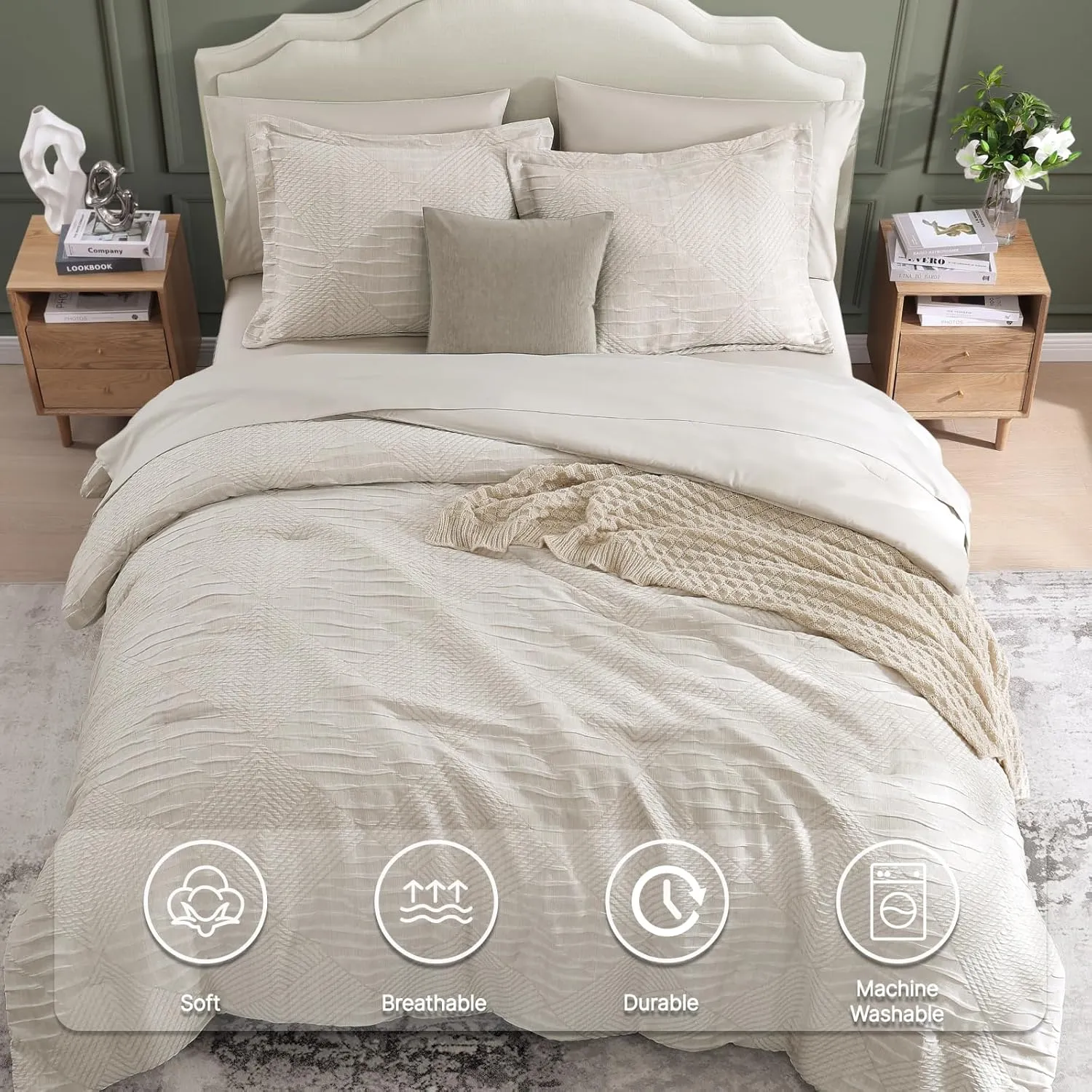 MaiRêve Full Size Comforter Set Beige, Crinkle Textured Design Boho Bedding Set 7 Pieces Bed in A Bag, All Season Geometric Comforter Set with Sheets, Pillowcases & Shams