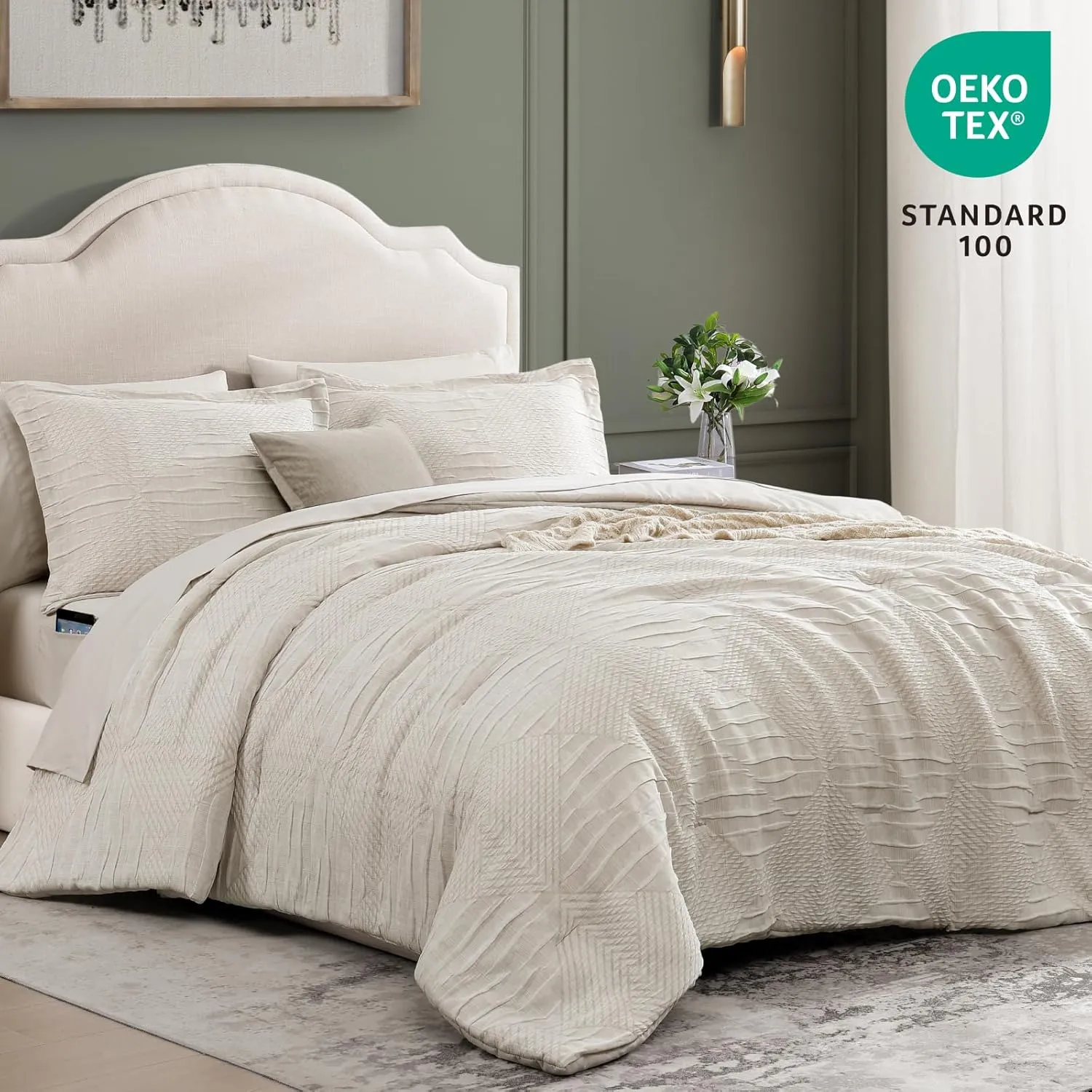 MaiRêve Full Size Comforter Set Beige, Crinkle Textured Design Boho Bedding Set 7 Pieces Bed in A Bag, All Season Geometric Comforter Set with Sheets, Pillowcases & Shams