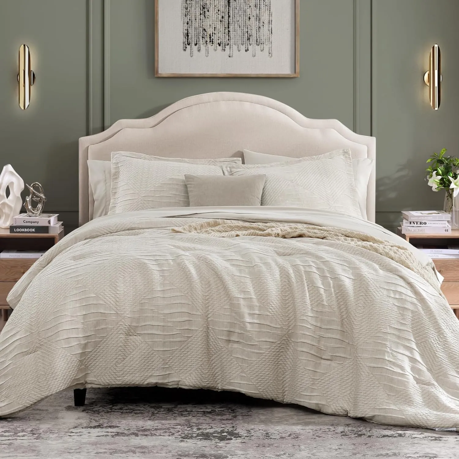 MaiRêve Full Size Comforter Set Beige, Crinkle Textured Design Boho Bedding Set 7 Pieces Bed in A Bag, All Season Geometric Comforter Set with Sheets, Pillowcases & Shams