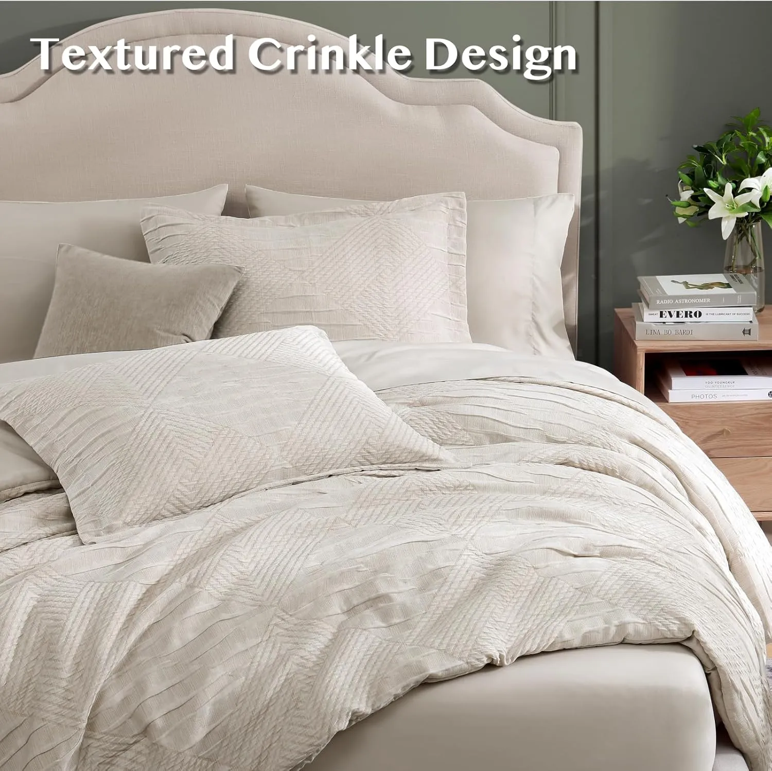 MaiRêve Full Size Comforter Set Beige, Crinkle Textured Design Boho Bedding Set 7 Pieces Bed in A Bag, All Season Geometric Comforter Set with Sheets, Pillowcases & Shams
