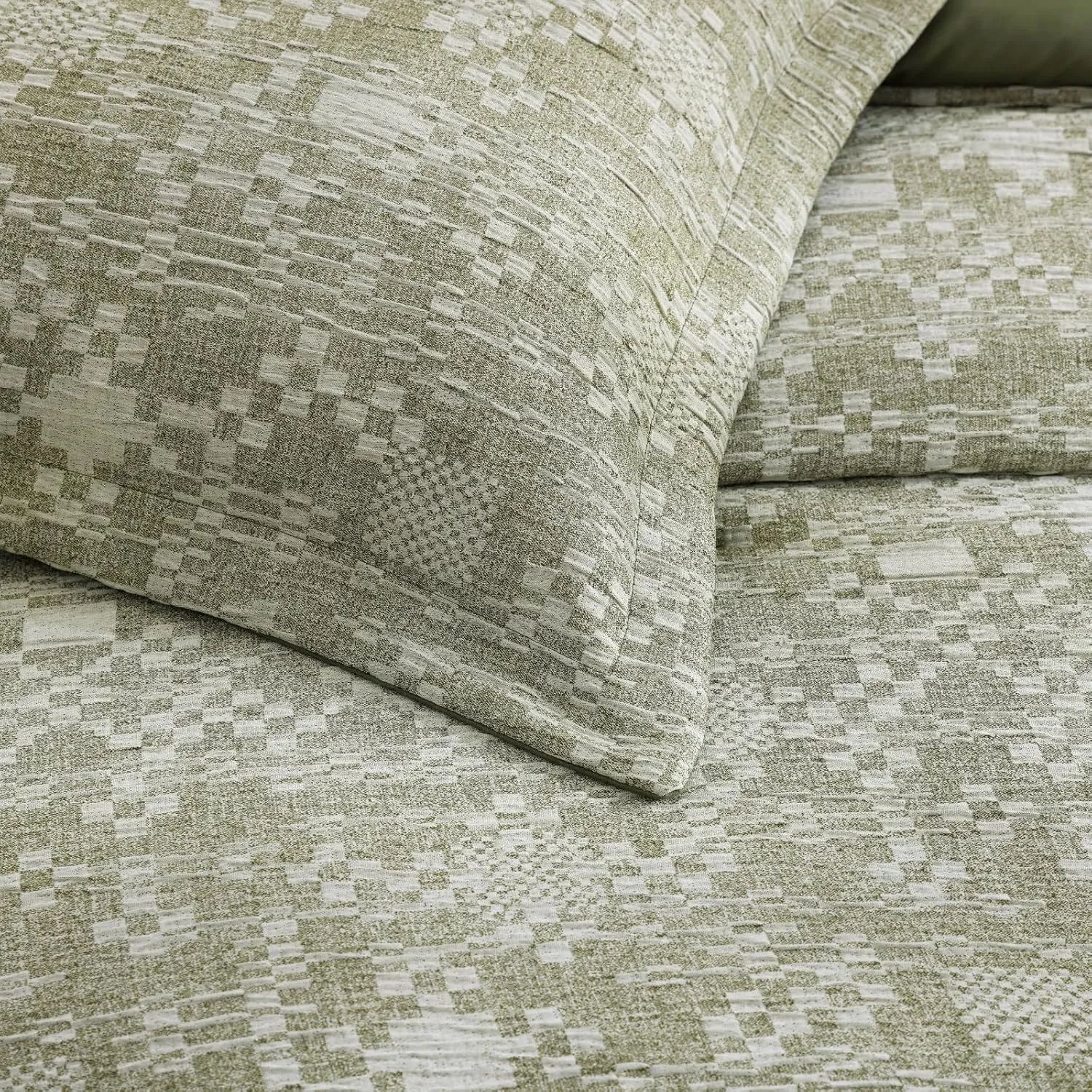 MaiRêve Queen Comforter Set Olive Green, Crinkle Textured Design Bedding Set 7 Pieces Bed in A Bag, All Season Farmhouse Comforter Set with Sheets, Pillowcases & Shams