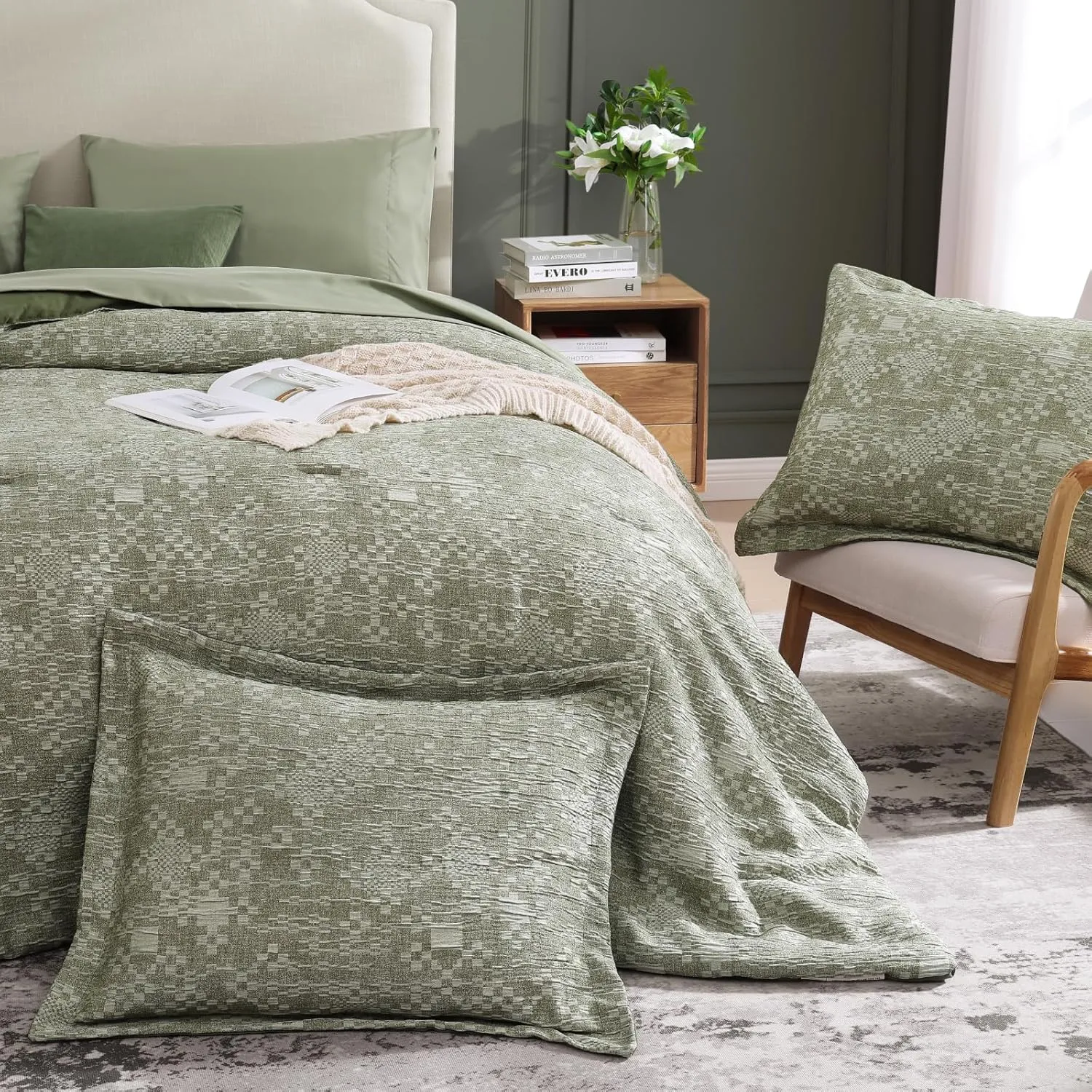 MaiRêve Queen Comforter Set Olive Green, Crinkle Textured Design Bedding Set 7 Pieces Bed in A Bag, All Season Farmhouse Comforter Set with Sheets, Pillowcases & Shams