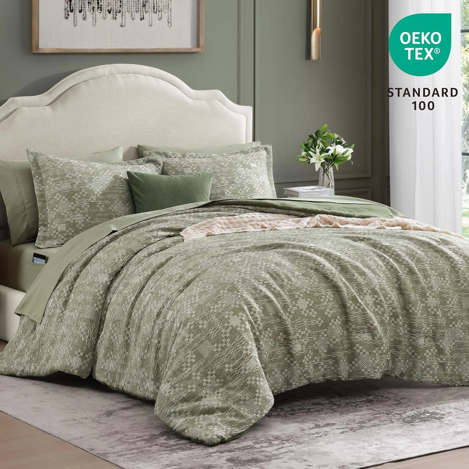 MaiRêve Queen Comforter Set Olive Green, Crinkle Textured Design Bedding Set 7 Pieces Bed in A Bag, All Season Farmhouse Comforter Set with Sheets, Pillowcases & Shams