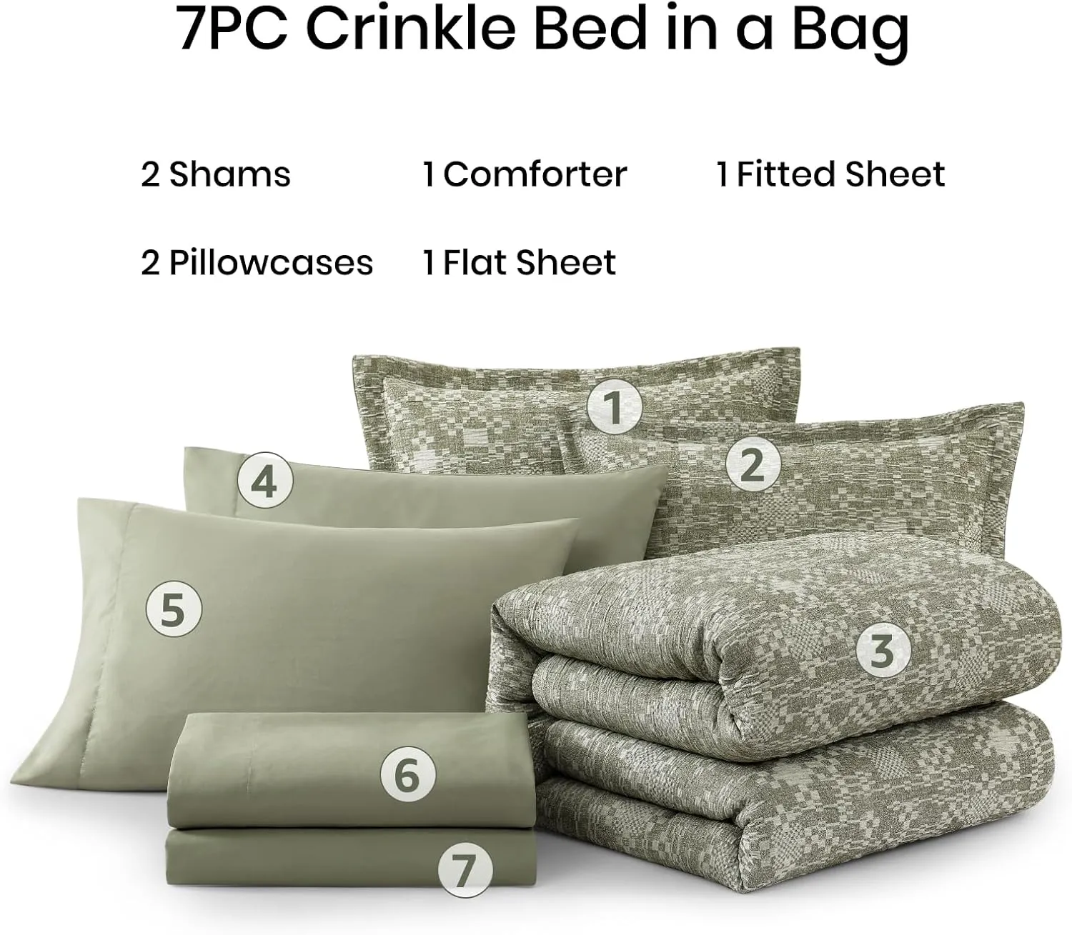 MaiRêve Queen Comforter Set Olive Green, Crinkle Textured Design Bedding Set 7 Pieces Bed in A Bag, All Season Farmhouse Comforter Set with Sheets, Pillowcases & Shams