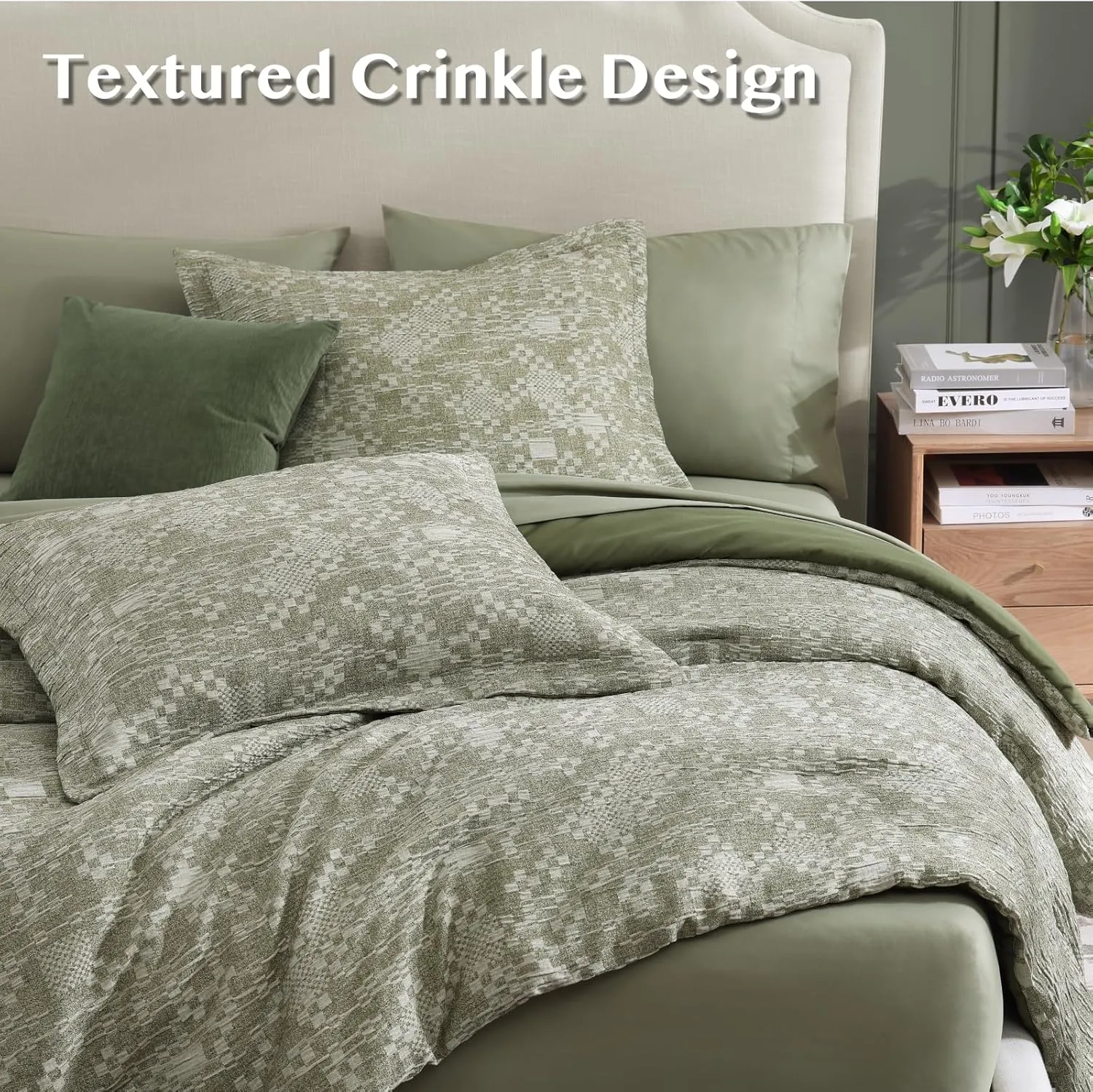MaiRêve Queen Comforter Set Olive Green, Crinkle Textured Design Bedding Set 7 Pieces Bed in A Bag, All Season Farmhouse Comforter Set with Sheets, Pillowcases & Shams