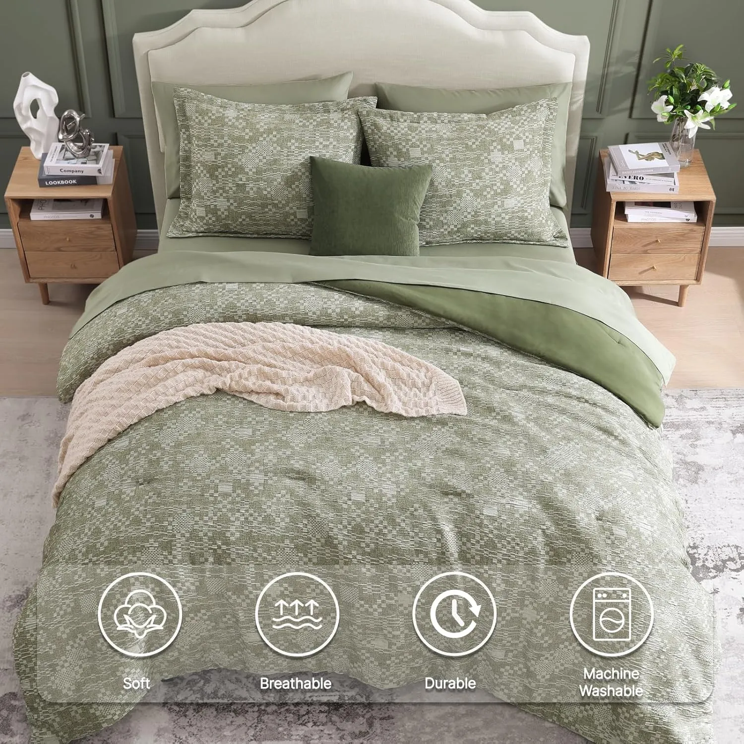 MaiRêve Queen Comforter Set Olive Green, Crinkle Textured Design Bedding Set 7 Pieces Bed in A Bag, All Season Farmhouse Comforter Set with Sheets, Pillowcases & Shams