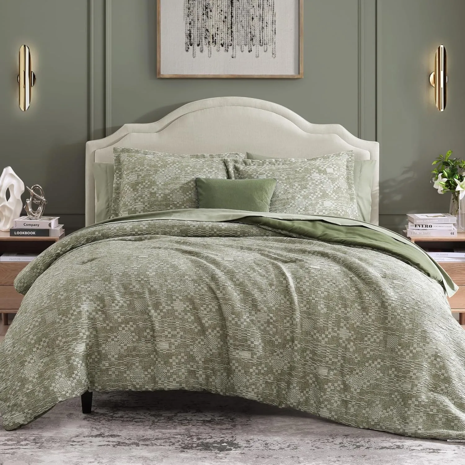 MaiRêve Queen Comforter Set Olive Green, Crinkle Textured Design Bedding Set 7 Pieces Bed in A Bag, All Season Farmhouse Comforter Set with Sheets, Pillowcases & Shams