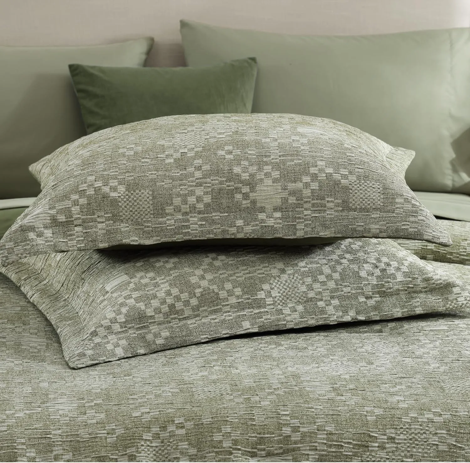 MaiRêve Queen Comforter Set Olive Green, Crinkle Textured Design Bedding Set 7 Pieces Bed in A Bag, All Season Farmhouse Comforter Set with Sheets, Pillowcases & Shams