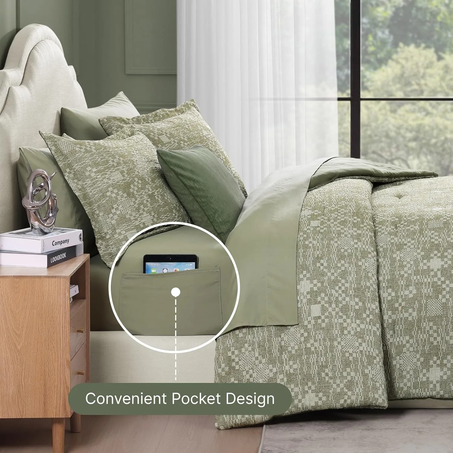 MaiRêve Queen Comforter Set Olive Green, Crinkle Textured Design Bedding Set 7 Pieces Bed in A Bag, All Season Farmhouse Comforter Set with Sheets, Pillowcases & Shams