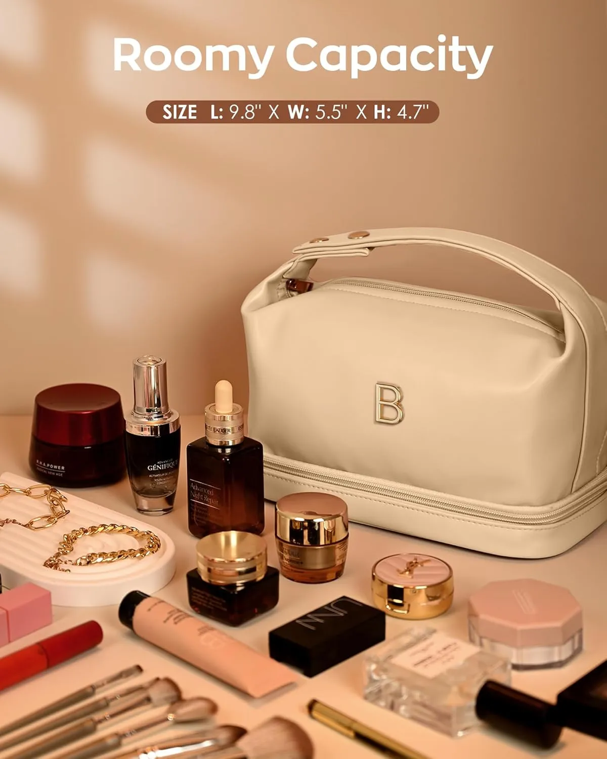 Makeup Bags with Handle, Friend Gifts, Personalized Double Layer Cosmetic Bag with Makeup Brush Organizer, Waterproof, Large Capacity PU Leather Travel Toiletry Bag, Birthday Gifts for Girls