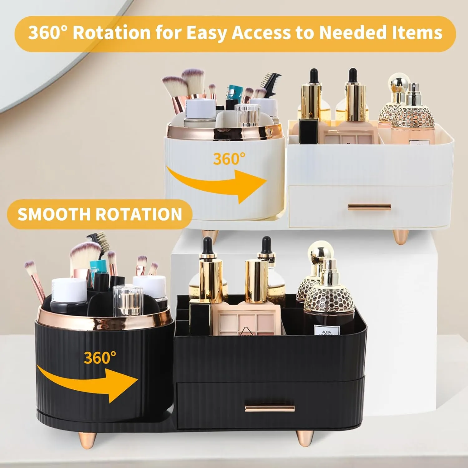 Makeup Organizer Countertop with Drawer 360 Rotating Brush Holder Storage Large Capacity Skincare Cosmetic Display Cases for Vanity Bathroom Desktop, Model 3016 Black