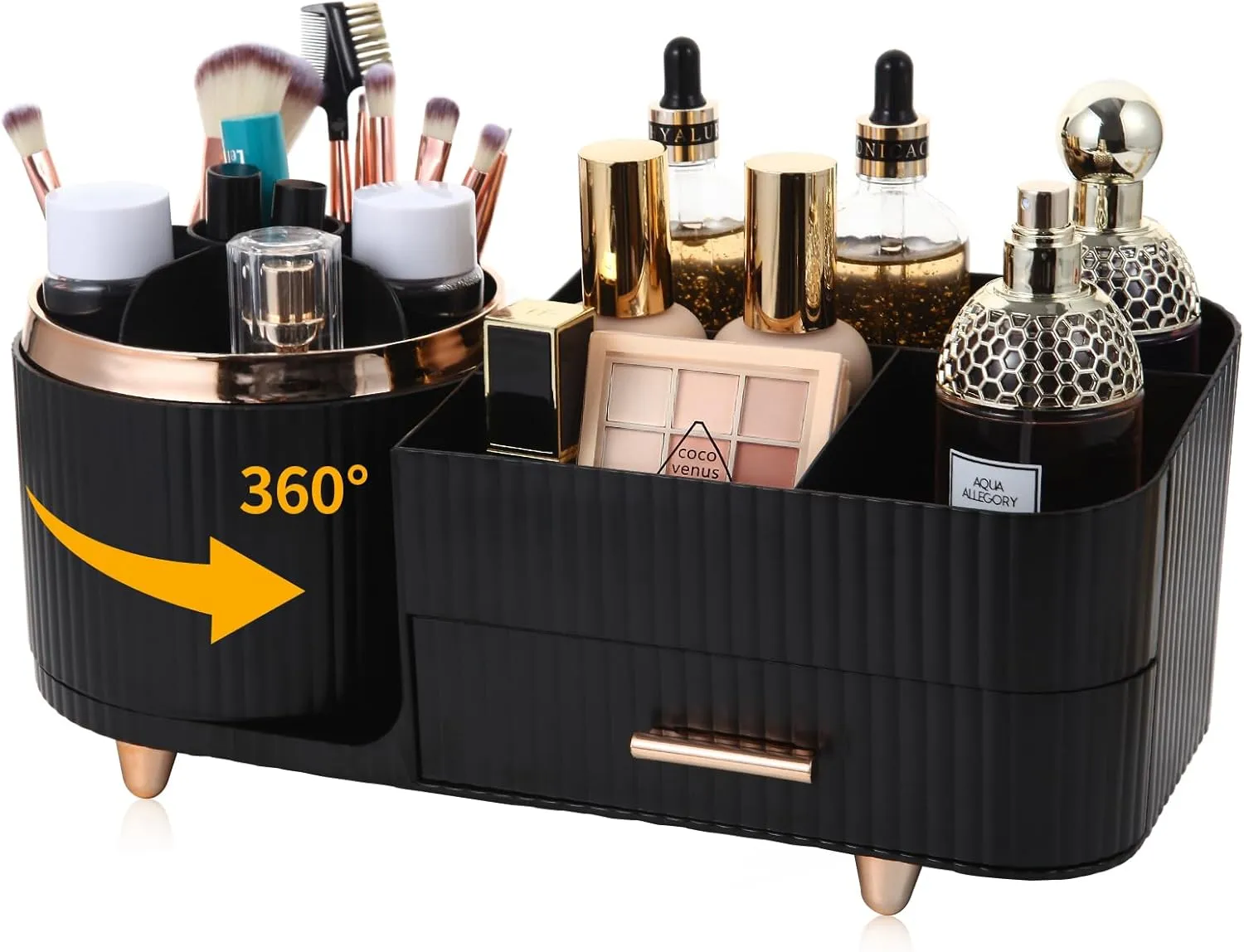 Makeup Organizer Countertop with Drawer 360 Rotating Brush Holder Storage Large Capacity Skincare Cosmetic Display Cases for Vanity Bathroom Desktop, Model 3016 Black