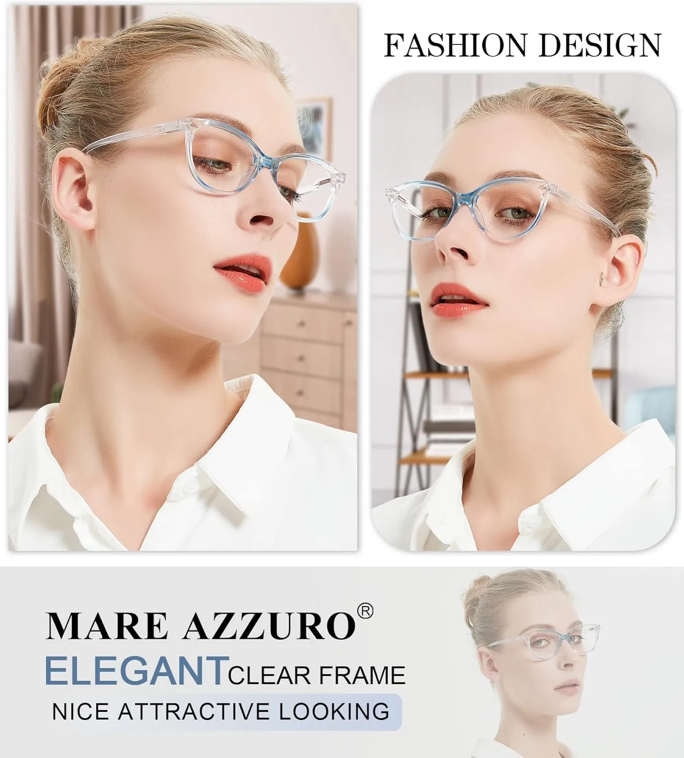 MARE AZZURO Clear Reading Glasses Women Fashion Round Readers 0 1.0 1.25 1.5 1.75 2.0 2.25 2.5 2.75 3.0 3.5 4.0 5.0 6.0