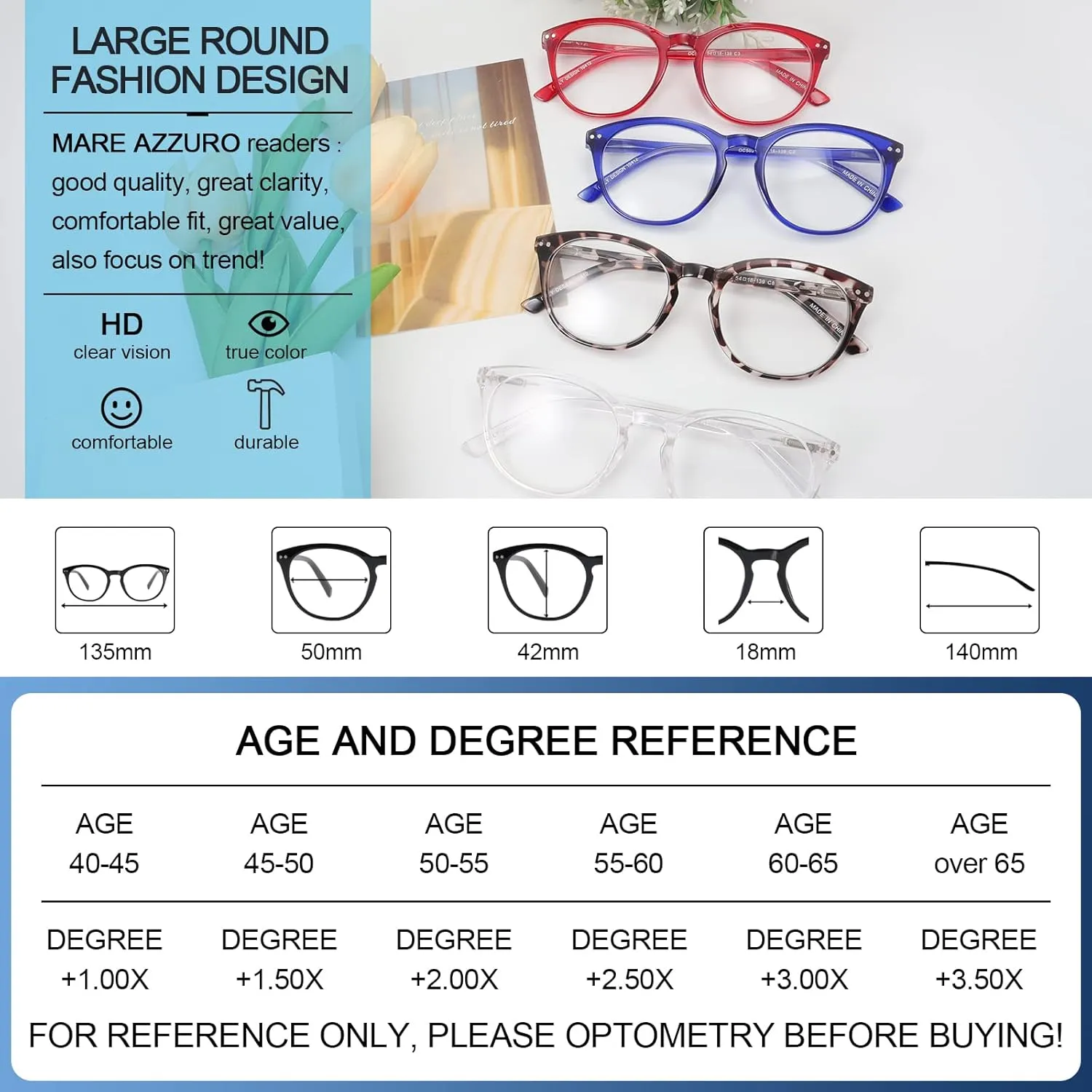 MARE AZZURO Reading Glasses Women Round Readers 0 1.0 1.25 1.5 1.75 2.0 2.25 2.5 2.75 3.0 3.5 4.0 5.0 6.0 (Red 125)