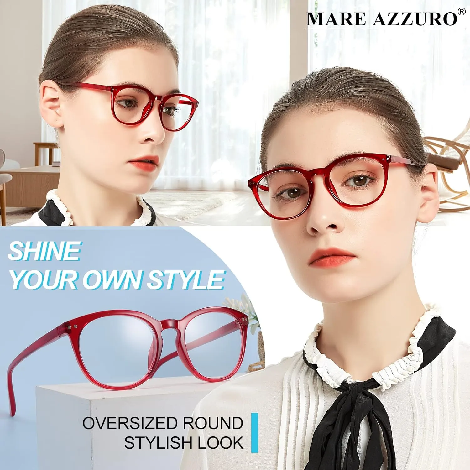 MARE AZZURO Reading Glasses Women Round Readers 0 1.0 1.25 1.5 1.75 2.0 2.25 2.5 2.75 3.0 3.5 4.0 5.0 6.0 (Red 125)