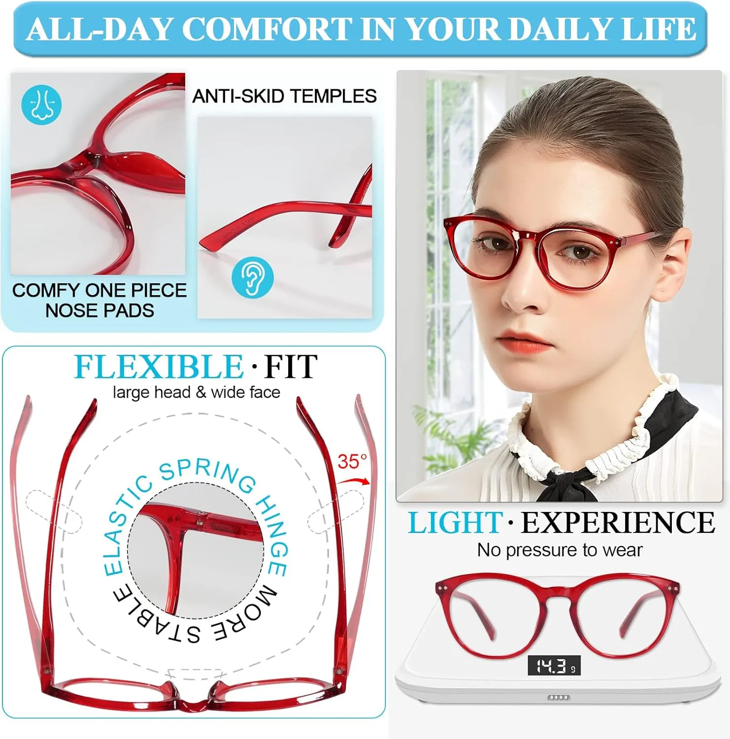 MARE AZZURO Reading Glasses Women Round Readers 0 1.0 1.25 1.5 1.75 2.0 2.25 2.5 2.75 3.0 3.5 4.0 5.0 6.0 (Red 125)