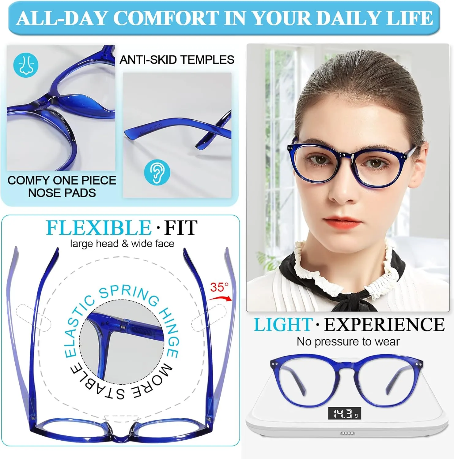 MARE AZZURO Reading Glasses Women Round Stylish Reader 0 1.0 1.25 1.5 1.75 2.0 2.25 2.5 2.75 3.0 3.5 4.0 5.0 6.0 (Blue 100)
