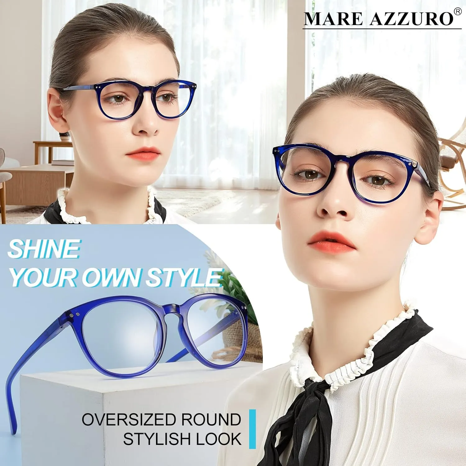 MARE AZZURO Reading Glasses Women Round Stylish Reader 0 1.0 1.25 1.5 1.75 2.0 2.25 2.5 2.75 3.0 3.5 4.0 5.0 6.0 (Blue 100)