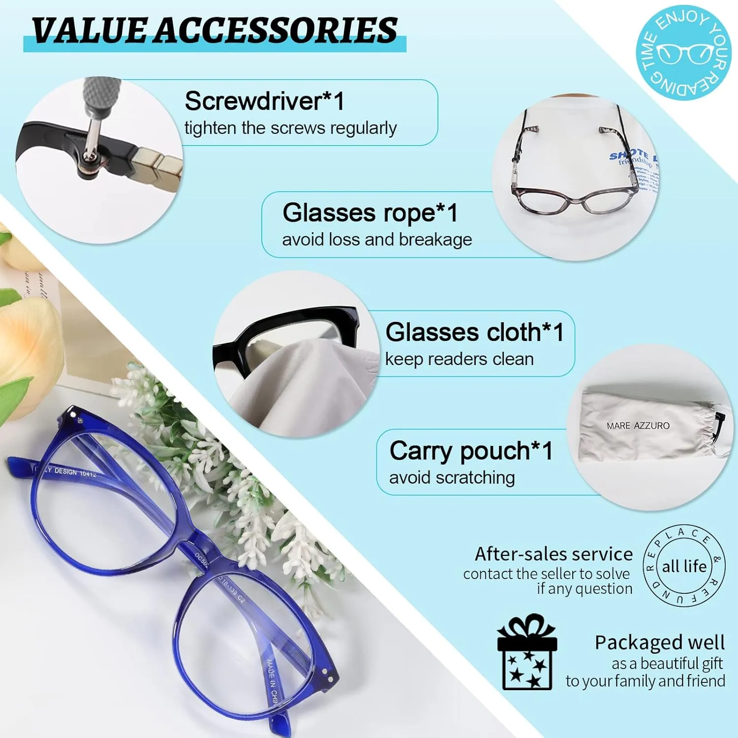 MARE AZZURO Reading Glasses Women Round Stylish Reader 0 1.0 1.25 1.5 1.75 2.0 2.25 2.5 2.75 3.0 3.5 4.0 5.0 6.0 (Blue 100)