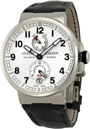 Marine Chronometer Manufacture Men's Black Leather Strap Automatic Power Reserve Watch 1183-126/61