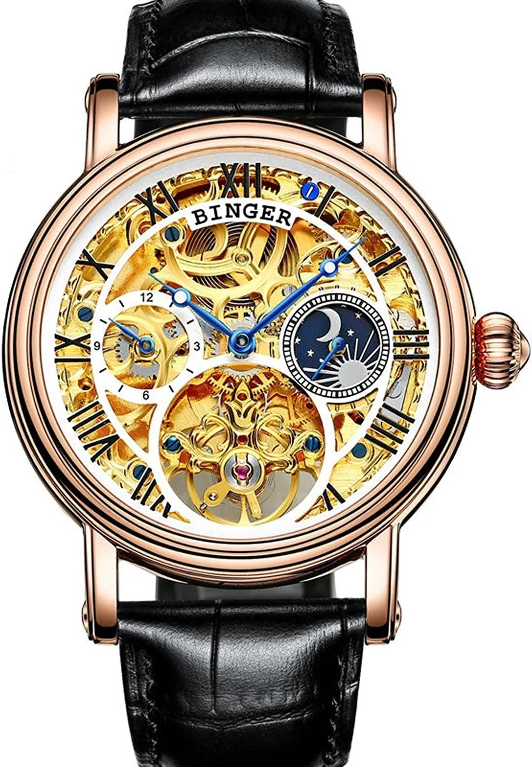 MASTOP Skeleton Analog Watch for Men Automatic Mechanical Watch Gold Plated/Stainless Steel Calfskin Leather Band