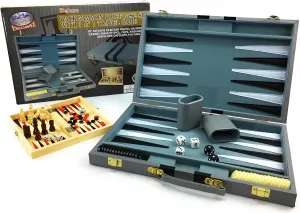 Matty's Toy Stop Deluxe 15" Backgammon Briefcase (Vinyl Gray Attache) with 3-in-1 Chess, Checkers & Backgammon Wooden Travel Games Set (8")