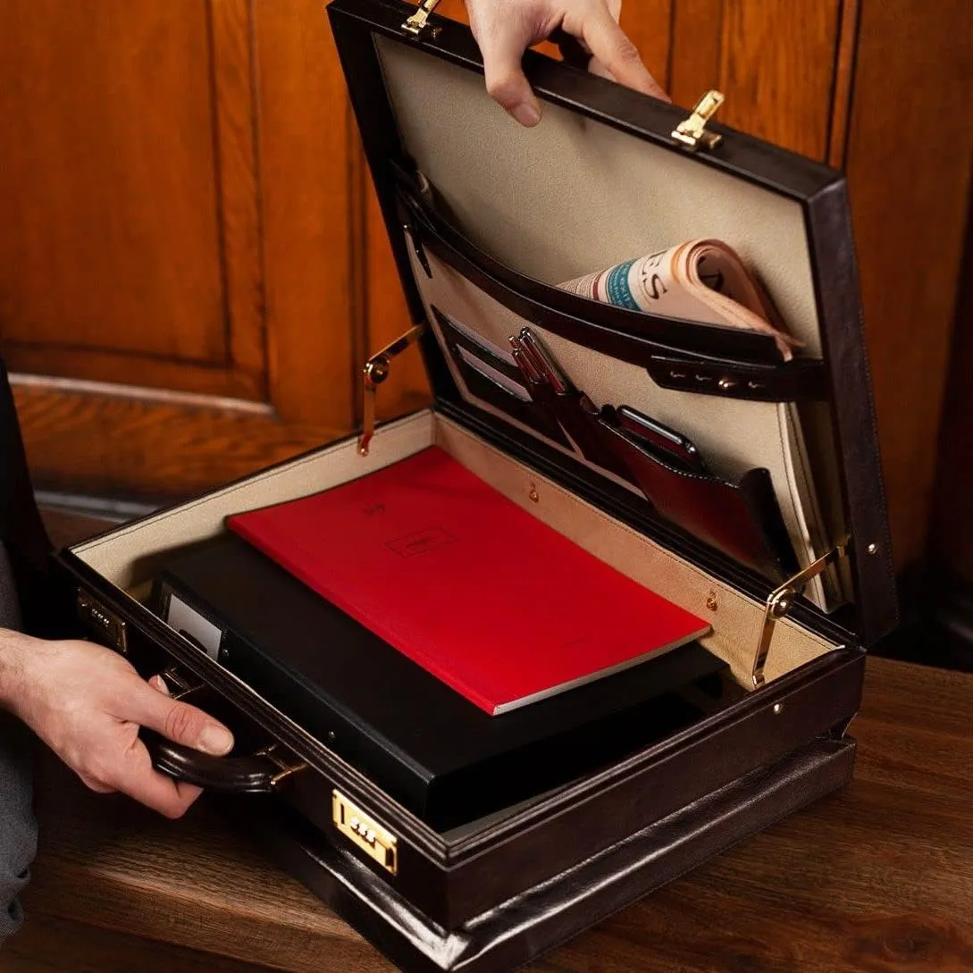 Maxwell Scott - Mens Luxury Leather Expandable Square Attaché Case with Wooden Frame for CEO's Directors - The Strada