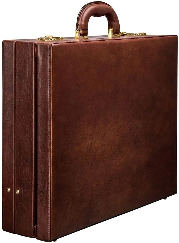 Maxwell Scott - Mens Luxury Leather Expandable Square Attaché Case with Wooden Frame for CEO's Directors - The Strada