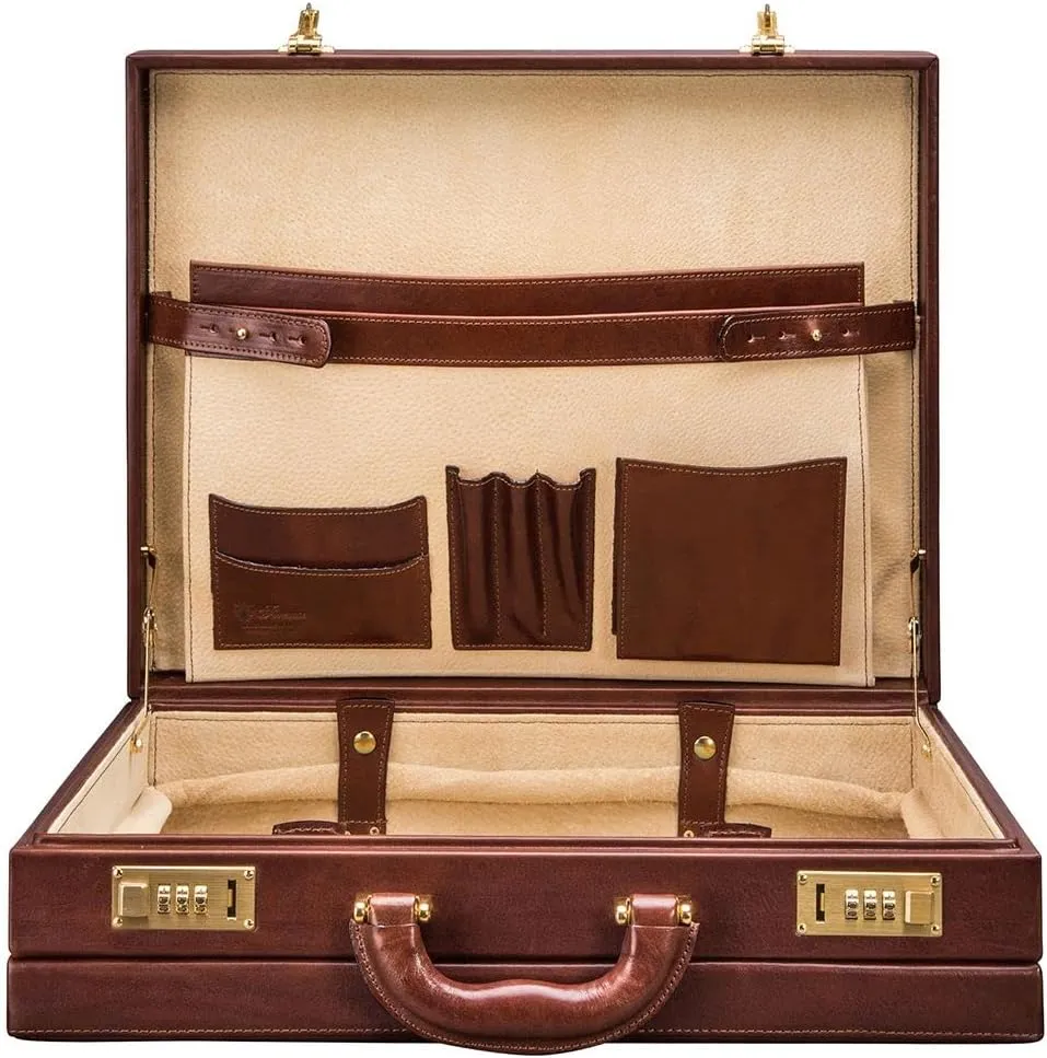 Maxwell Scott - Mens Luxury Leather Expandable Square Attaché Case with Wooden Frame for CEO's Directors - The Strada