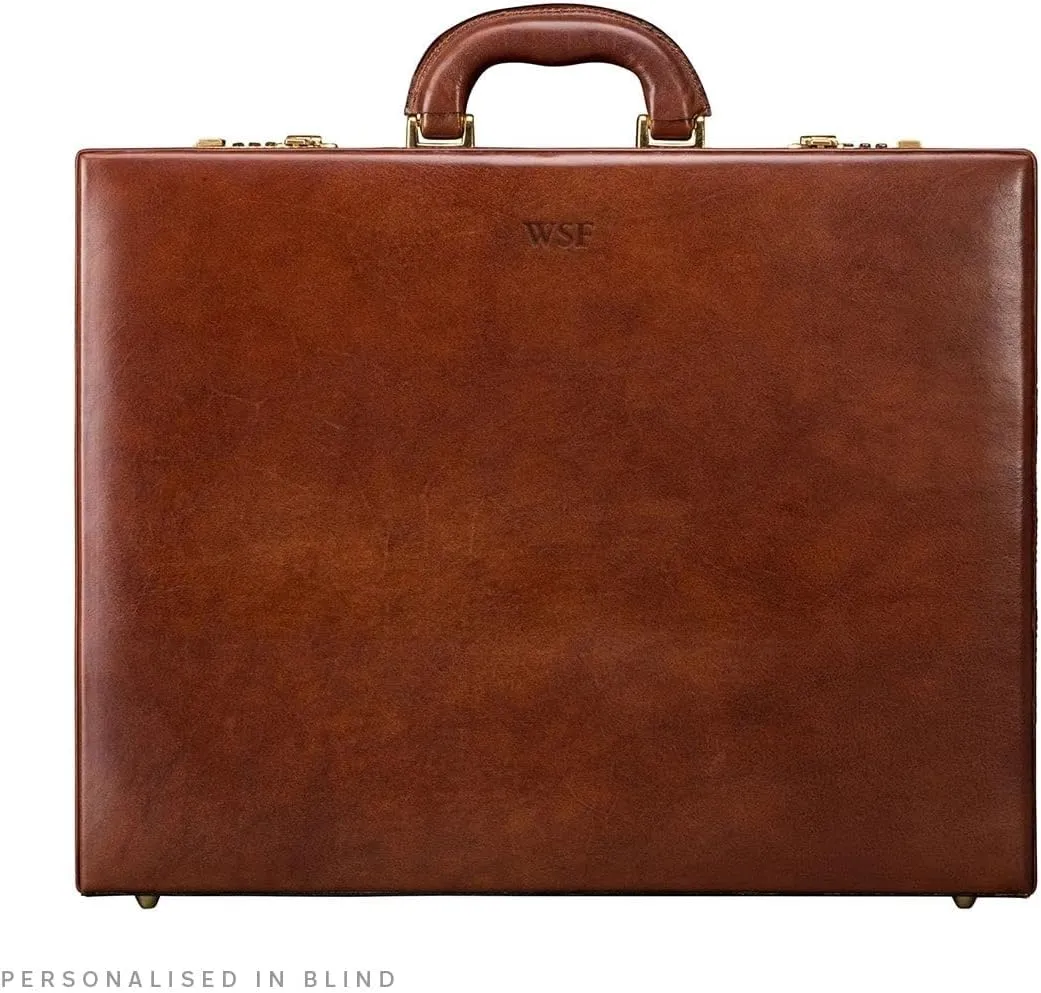 Maxwell Scott - Mens Luxury Leather Expandable Square Attaché Case with Wooden Frame for CEO's Directors - The Strada