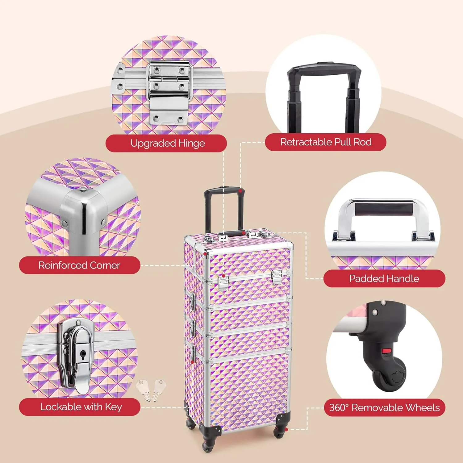 mefeir 4-in-1 Rolling Makeup Train Case Lift Handle,4 Removable Wheels Lockable Keys,Aluminum Cosmetic Trolley Beauty Stylist Artist Organizer Box,Ideal Xmas New Year Gift (Diamond Pink)